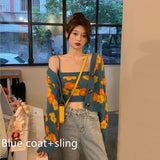 Thanksgiving Gift Flower Print Cropped Cardigan Women Korean Fashion Casual Blue Sweater Single-Breasted Long Sleeven Tops + Knit Vest 2 Pcs Set