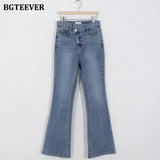 BGTEEVER Stylish Chic Inclined Button Women Solid Flare Jeans Trousers High Waist Stretched Female Skinny Denim Pant 2021 Summer
