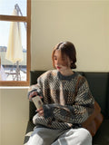 Thanksgiving Gift Houndstooth Grandpa Sweater Women Autumn Winter Casual Knitted Jumper Streetwear Fashion Loose Knitwear Oversized Pullovers Tops