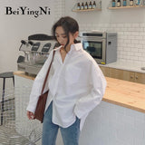 Christmas Gift Beiyingni 2021 Spring Autumn Women Shirts White Plain Loose Oversized Blouses Female Tops Loose BF Korean Style Blusas Pockets