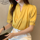 Christmas Gift Office Lady Blouse Fashion V-neck Blouse Women Summer Chiffon Blouses Short Sleeve Tops Female 2021 New Clothes Blusas 14080