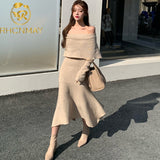 Christmas Gift New Sexy Flat colla Slim Fit Irregular Knitted Dress Chic French Style Elegant Temperament Autumn Winter Dresses Women