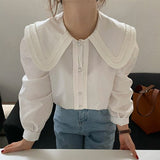 JOSKAA Sweet Chic Peter Pan Collar Puff Long Sleeve Blouse Fashion Pleated Design Women Shirts Single Breasted Loose Blusas