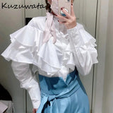 Christmas Gift Kuzuwata 2021 Autumn New Women Blusas Japanese Fashion Design Blouses Stand Collar Button Layer Ruffles Folds Solid Shirts