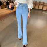 Christmas Gift BGTEEVER Chic High Waist Buttons Flare Jeans Pants for Women Casual Ladies Denim Blue Trousers 2021 Spring Summer Pantalon