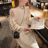 Joskka Autumn Winter New Half-Collar Mid-Length Knitted Dress Women Solid Sexy Mesh Stitching Off-Shoulder Long Sleeve Bow Dress 11735