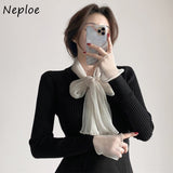 Christmas Gift French Style Ladies Knitted Tops Mujer 2021 New Autumn Bowknot Silk Scarf Sweaters Women Strip Stitch Cuff Knit Pullovers