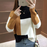 Christmas Gift JMPRS Patchwork Women Pullover Sweater Autumn Loose O Neck Long Sleeve Knitted Thick Korean Fashion Female Jumper Sweater Top