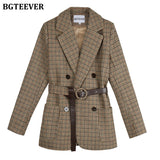 BGTEEVER Vintage Houndstooth Winter Thick Women Jacket Blazer Sashes Plaid Female Suit Jacket with belt Long Sleeve blaser 2021