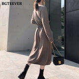 Christmas Gift BGTEEVER Vintage Women Knitted Dress Autumn Winter Brief V-neck Warm Drawstring Lace-up Loose Midi Female Sweater Dress 2020