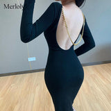 Christmas Gift Black Long Sleeve Dress for Women Sexy Backless Halter Evening Party Club Bodycon Metal Chain Women's Dresses Autumn Winter 2021