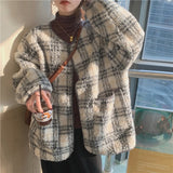 Black Friday Sales Vintage Lamb Wool Plaid Jacket Women Thicken Warm Fluffy Cozy Faux Fur Overcoat Casual Oversized Female Winter Loose Outerwear