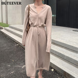 Christmas Gift BGTEEVER Vintage Women Knitted Dress Autumn Winter Brief V-neck Warm Drawstring Lace-up Loose Midi Female Sweater Dress 2020