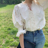 Christmas Gift Joskaa New Temperament Shirts French Style Lace Patchwork Hollow Out Puff Sleeve Blouse All-match Tops Women Blusas Mujer