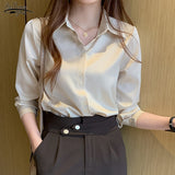 Christmas Gift V-neck Solid Ladies’ Tops Women's Silk Shirts Women 2021 Fashion Satin Long Sleeve Blouses Button Up White OL Vintage Tops 17278
