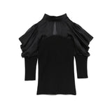 Christmas Gift Kuzuwata Autumn New Women Sweaters Jumper Stand Collar Pleated Off Shoulder Puff Sleeve Blouses Patchwork Slim Knitted Pullovers