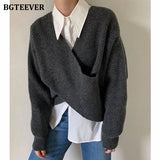 Christmas Gift BGTEEVER Stylish Thick Warm V-neck Female Pullover Sweater Tops Autumn Winter Chic Cross Loose Women Jumpers Knitwear 2020