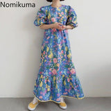 Christmas Gift Nomikuma Korean Chic Floral Printed Dress Women O Neck Puff Sleeve Dresses Elegant Temperament Summer New Trend Vestidos Mujer