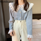 Christmas Gift Nomikuma Japan Style Kawaii Sweater Women Lace Patchwork Turn Down Collar Long Sleeve Sweet Cardigan Single Breasted New Tops
