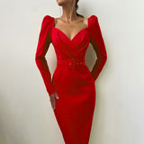 Christmas Gift InstaHot Elegant Party Women Dress Slim V Neck Long Sleeve Mid Calf Pencil Dress 2020 Casual Office Lady Solid Red Puff Sleeve
