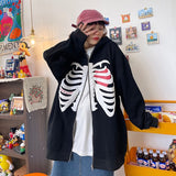Christmas Gift Zip-up Y2K Harajuku Korean Style Loose Skull Print Goth Grunge Long Sleeve Hooded Jacket Solid Color Retro Shirt Student Girltop