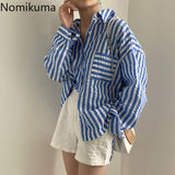 Christmas Gift Nomikuma Striped Shirts Women Turn Down Collar Long Sleeve Vintage Blouse Single Breasted Korean BF Style Tops Blusas 3c540