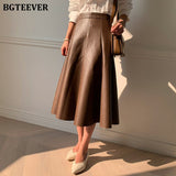 Christmas Gift BGTEEVER Black Solid PU Leather Elegant Midi Skirt Women 2020 Spring High Waist Office Ladies A Line Flared Skirts Faux Leather