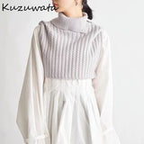 Christmas Gift Kuzuwata 2021 Autumn New Women Sweaters Sweet Jumpers High Lapel Knit Vest Long Sleeve Slim Waist Drawstring Shirt 2pcs Suits