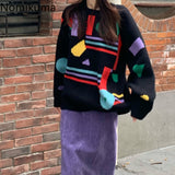 Christmas Gift Nomikuma Korean Style Pull Femme Pullover Geometric Contrast Color Vintage Jumper Casual Fashion Long Sleeve Sweater Women 3c912