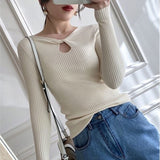 Joskaa 2022 Autumn Slim Solid Wool Winter Office Lady Hollow Chic Korean Clothes V-neck Knitted Sweater Women Sexy Sweater Women 10806