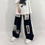Joskaa Spring Autumn Women Vintage Harajuku Punk Black Print Jeans Female Fashion Causle Hip Hop Streetwear Wide Leg Trousers