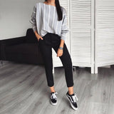 MOarcho Casual O-neck Loose Striped Women's Top Long Batwing Sleeve Elegant Office Lady T-shirt Tops Autumn 2021 New Style