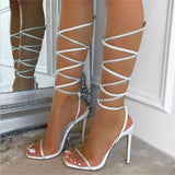 Joskaa Summer Women's Sandals With Rhinestone Woven Roman Straps Square Toe High Heels Plus Size Fashion Roman Stiletto Sandals