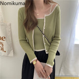 Christmas Gift Nomikuma Korean Style Cardigan Women Contrast Color Long Sleeve Knitwear Two Piece Single Breasted Short Tops New Arrival 2021