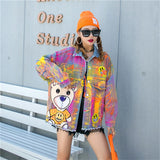 Joskaa Spring Autumn Fashion Sequins Cartoon Leopard Denim Jackets Loose Lady Streetwear Coats