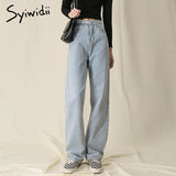 Syiwidii High Waisted Jeans For Women Straight Mom Denim Pants Full Length Trousers Washed Clothes Sky Blue Black Bottoms 2021