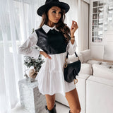 Christmas Gift Casual Long Sleeve Mini Shirt Dress For Women White 2021 Spring PU Leather Patchwork Plaid Woman Dresses Clothing Femme Robe