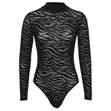 Christmas Gift InstaHot Black Mesh Transparent Sexy Bodysuit Long Sleeve Slim Skinny Stripe Mock Neck Casual Rompers Women Lady Party Club Body