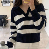 Christmas Gift BGTEEVER Chic Casual Lapel Knitted Striped Women Sweater 2021 Autumn Winter Ladies Knitwear Long Sleeve Loose Female Pullovers