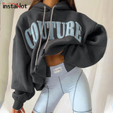 Christmas Gift InstaHot Women Letter Embroidery Cotton Drawstring Hoodies Long Sleeve Casual Sexy Streetwear Loose Basic Sweatshirt 2021 Autumn