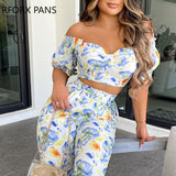 Back to College Women Clothes Floral Print Short Sleeve Cropped T-shirts With Pants Sexy Sets Casual Look for Women 2021