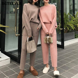 Christmas Gift BGTEEVER 2021 Winter Casual Thick Sweater Tracksuits O-neck  Jumpers & Elastic Waist Pants Suit Female Knitted 2 Pieces Set