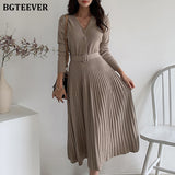 Christmas Gift BGTEEVER Elegant V-neck Single-breasted Women Thicken Sweater Dress 2021 Autumn Winter Knitted Belted Female A-line soft dresses
