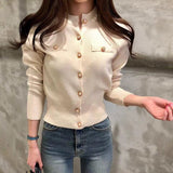Christmas Gift Fashion Women Cardigan Sweater Autumn Knitted Long Sleeve Short Coat Casual Single Breasted Korean Slim Chic Ladies Top 17375
