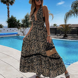 Christmas Gift Summer Sexy V Neck Leopard Long Dress Fashion Hollow Out Lace Party Beach Dress Women Casual Sleeveless Backless Boho Maxi Dress
