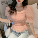 Christmas Gift Korean Fashion Clothing Summer New Elegant Mesh Blouse Women Streetwear Blusas Mujer De Moda 2021 Puff Sleeve Pink Tops 10026