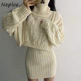Christmas Gift Two Picecs Set Women Korean Chic Autumn and Winter Hemp Flower High Neck Short Sweater + Bodycon Knitted Skirt Suit