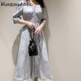 Christmas Gift Kuzuwata V Neck Long Sleeve Slim Pullover Dress Women Vintage Print High Waist Hip A Line Long Vestidos Spring 2021 New Robe
