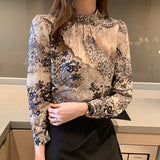 Christmas Gift New Elegant Floral Blouse Women Casual Plus Size Stand Collar Female Shirts Long Sleeve Printing Ladies Clothing Blusas 13089