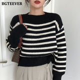 Christmas Gift BGTEEVER Casual O-neck Loose Women Striped Sweaters Pullovers Autumn Winter Full Sleeve Ladies Knitted Tops Jumpers 2021